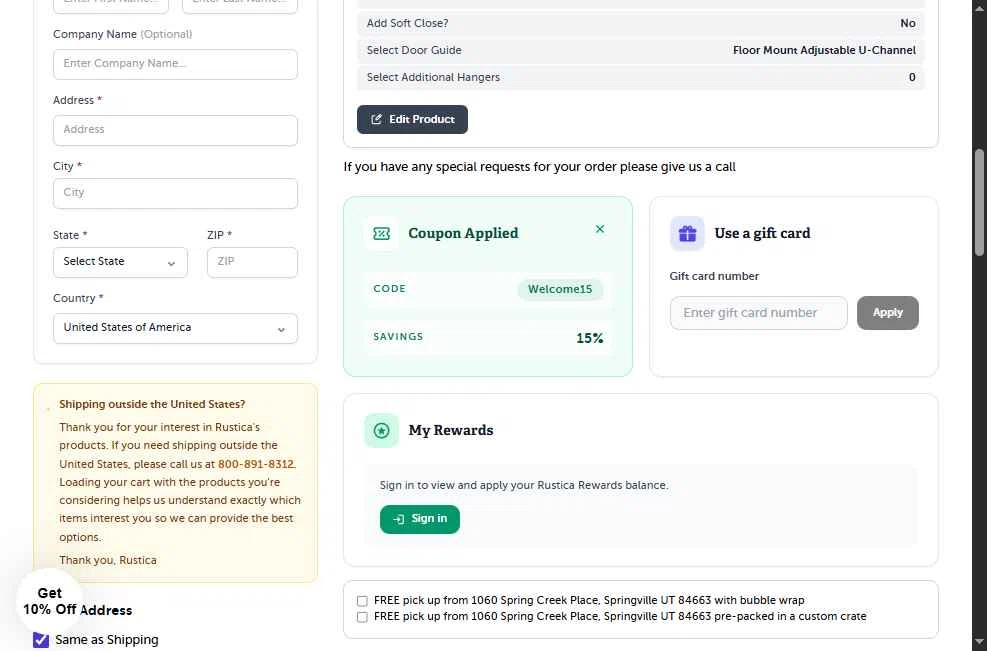 Rustica checkout page showing Rustica coupon code box | Screenshot taken by SimplyCodes community member on Nov 26, 2025