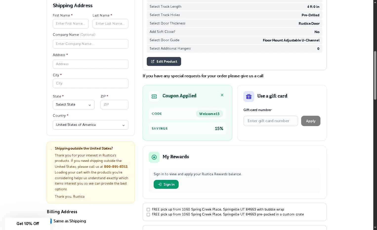 Rustica checkout page showing Rustica coupon code box | Screenshot taken by SimplyCodes community member on Jan 30, 2026