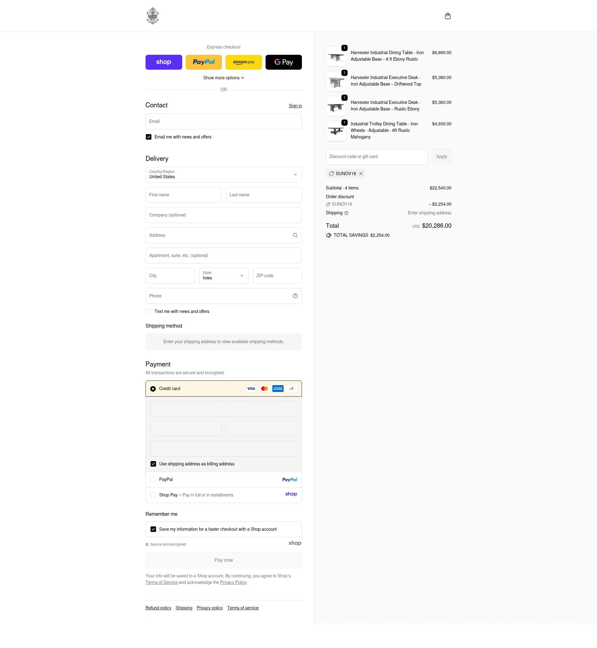 Rustic Deco checkout page showing Rustic Deco promo code box | Screenshot taken by SimplyCodes community member on Dec 10, 2025