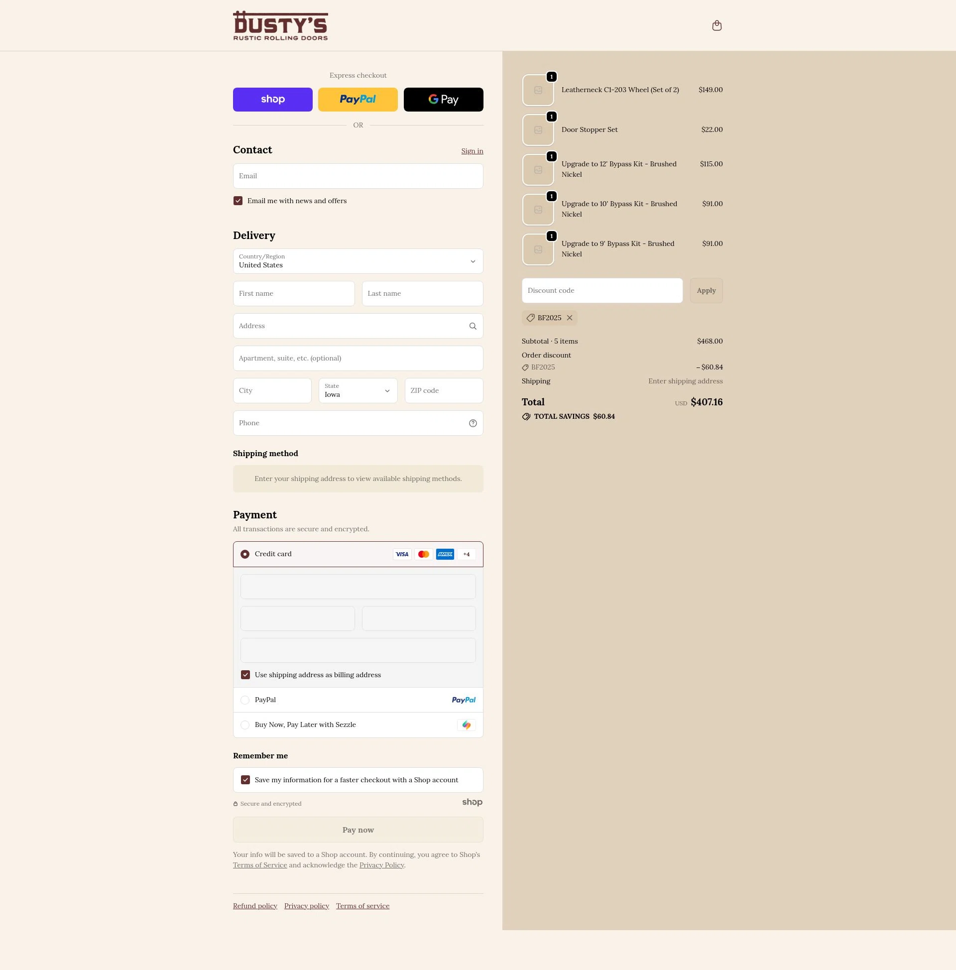 Rustic Rolling Doors checkout page showing Rustic Rolling Doors discount code box | Screenshot taken by SimplyCodes community member on Nov 28, 2025