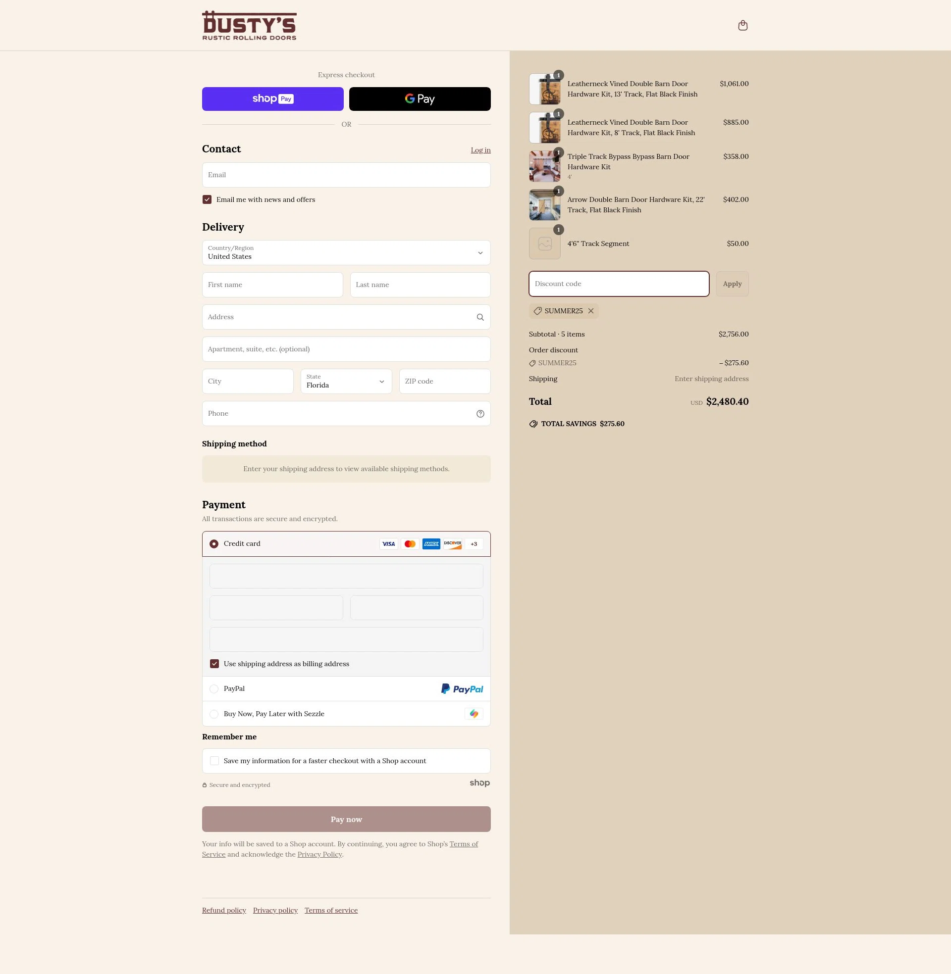 Rustic Rolling Doors checkout page showing Rustic Rolling Doors discount code box | Screenshot taken by SimplyCodes community member on Jun 21, 2025