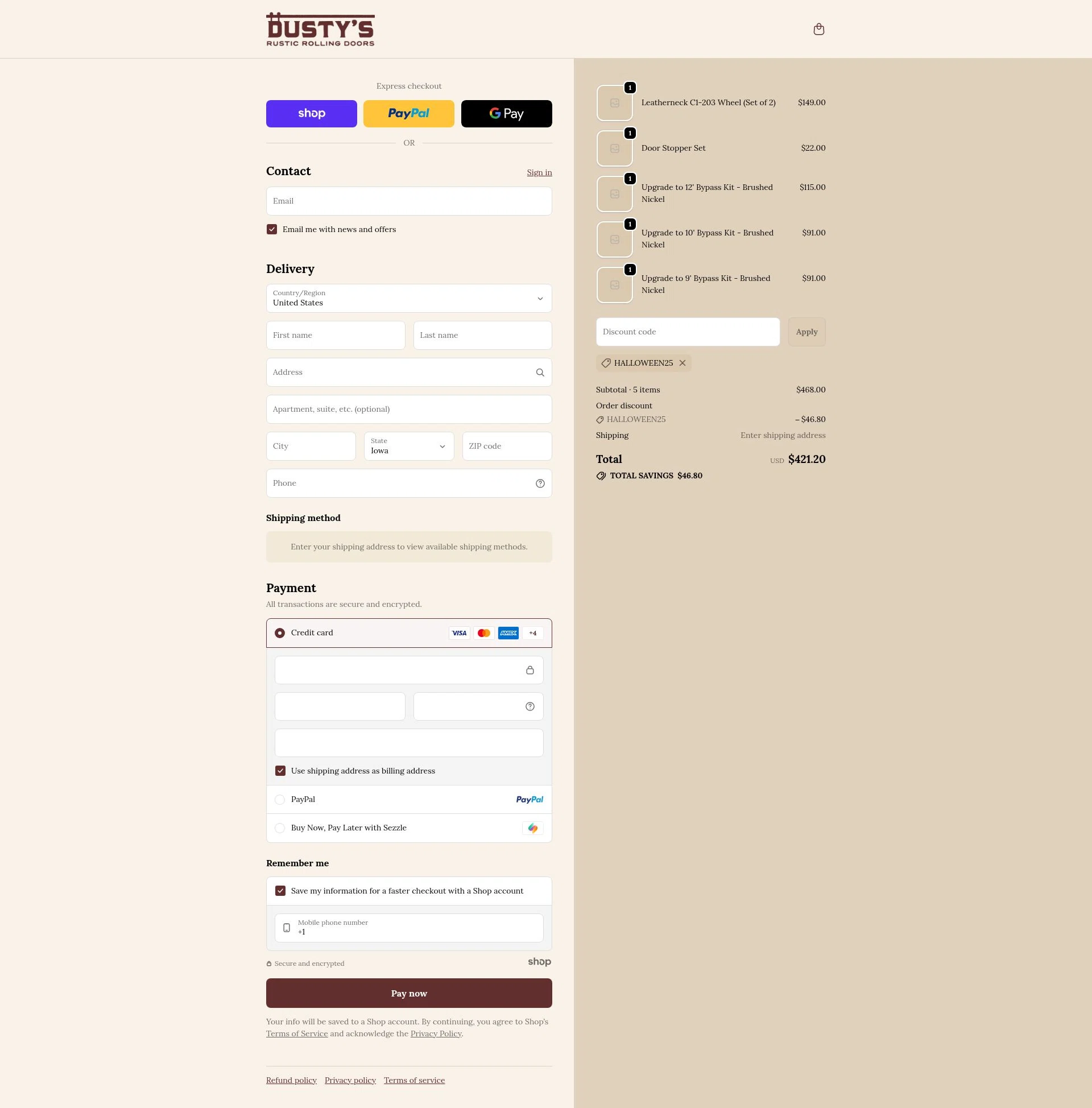 Rustic Rolling Doors checkout page showing Rustic Rolling Doors discount code box | Screenshot taken by SimplyCodes community member on Oct 31, 2025