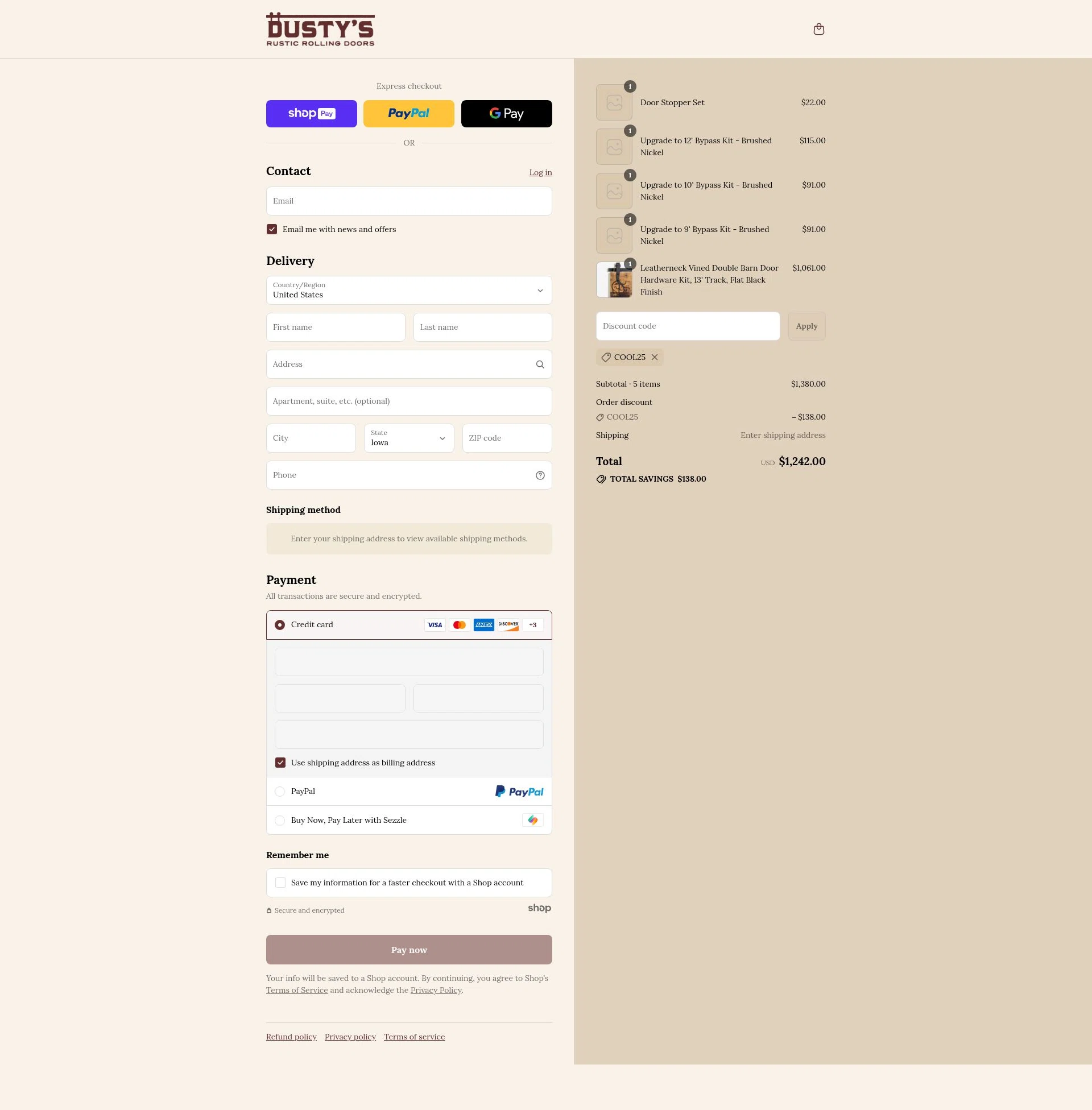 Rustic Rolling Doors checkout page showing Rustic Rolling Doors discount code box | Screenshot taken by SimplyCodes community member on Jul 31, 2025