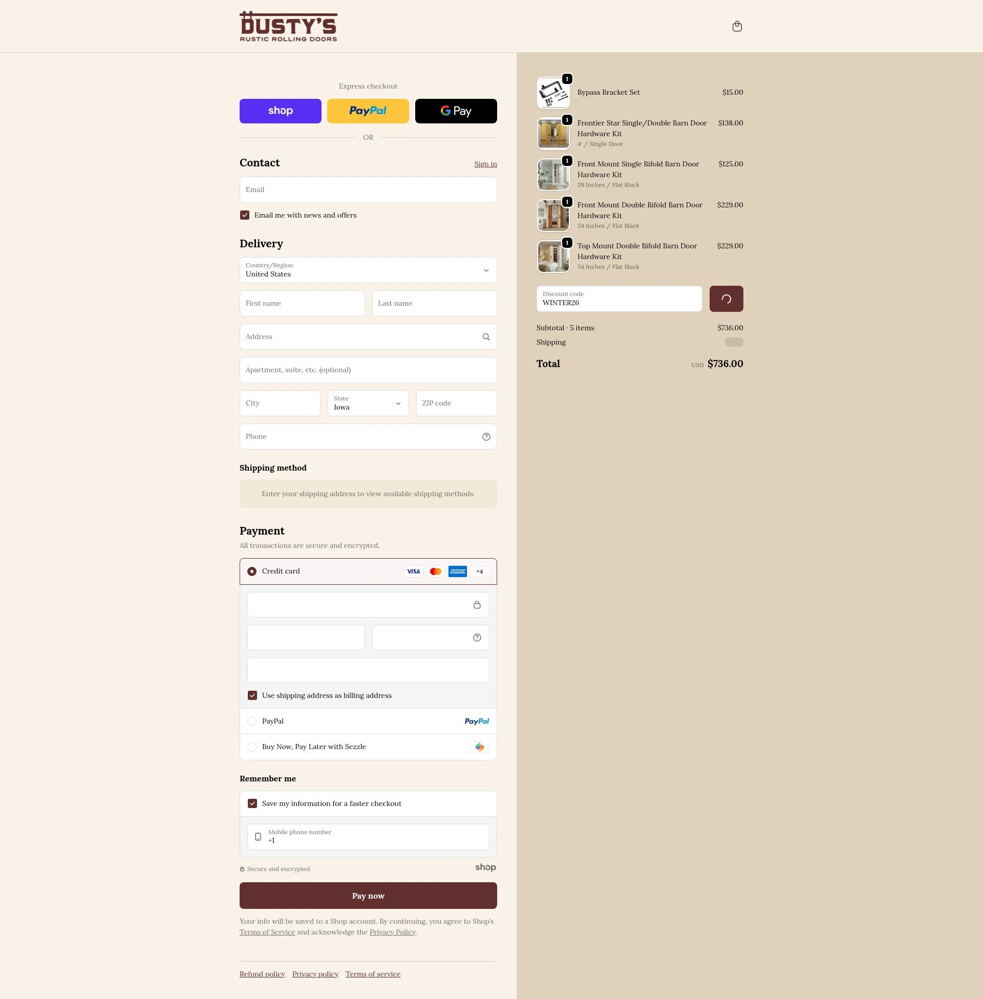 Rustic Rolling Doors checkout page showing Rustic Rolling Doors discount code box | Screenshot taken by SimplyCodes community member on Jan 21, 2026