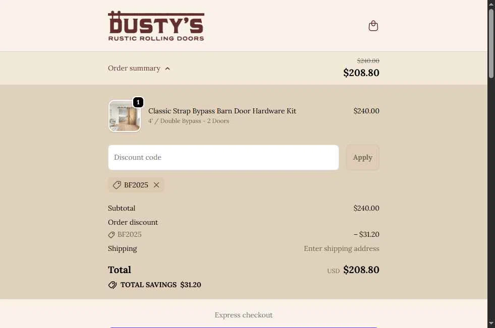 Rustic Rolling Doors checkout page showing Rustic Rolling Doors discount code box | Screenshot taken by SimplyCodes community member on Nov 24, 2025