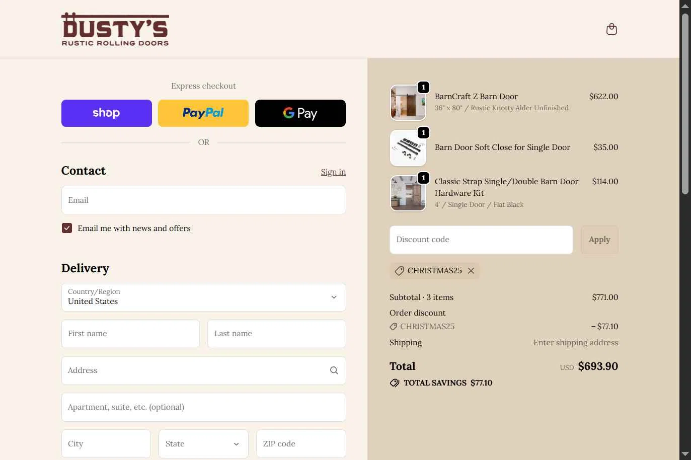 Rustic Rolling Doors checkout page showing Rustic Rolling Doors discount code box | Screenshot taken by SimplyCodes community member on Dec 15, 2025