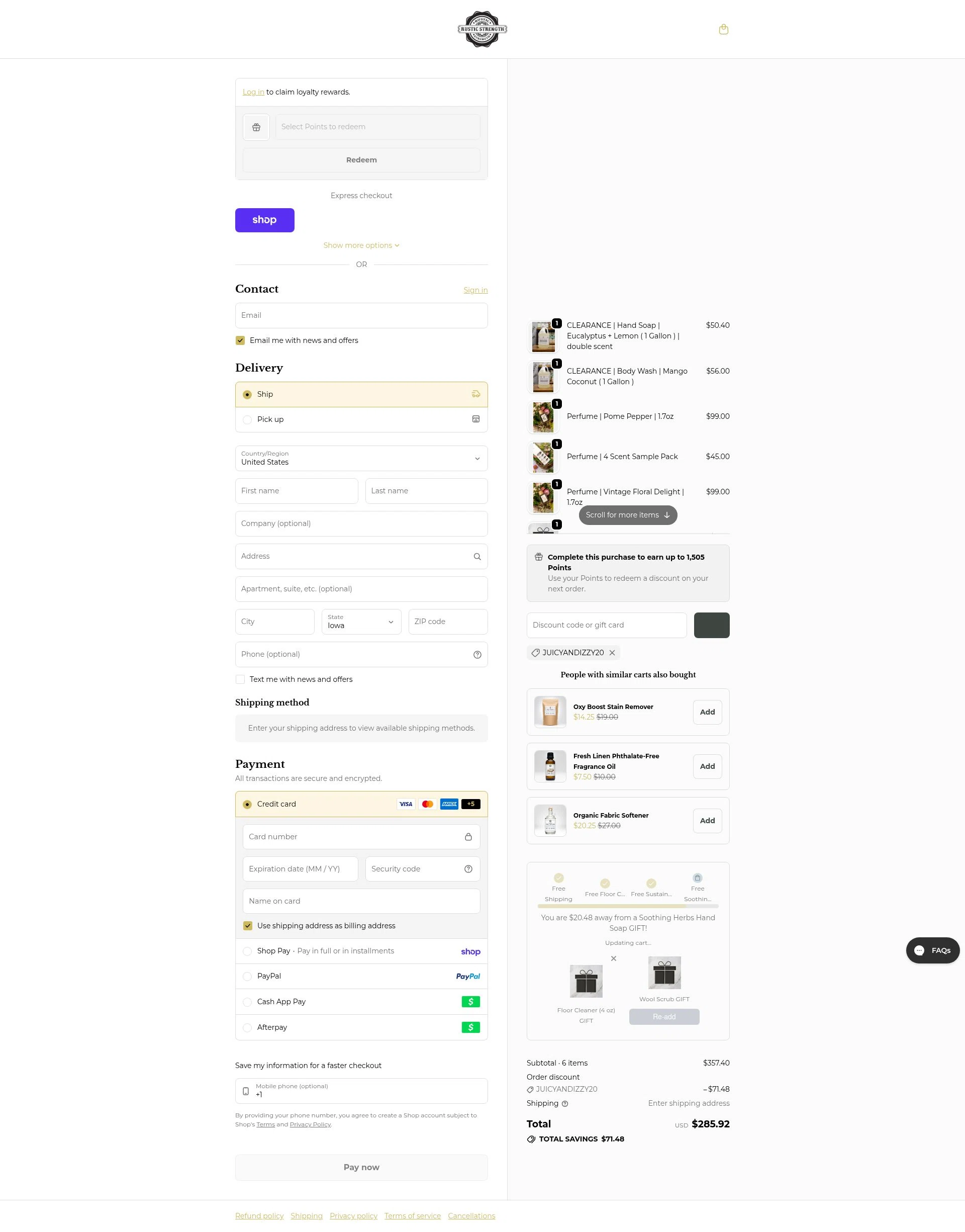 Rustic Strength checkout page showing Rustic Strength discount code box | Screenshot taken by SimplyCodes community member on Jan 30, 2026