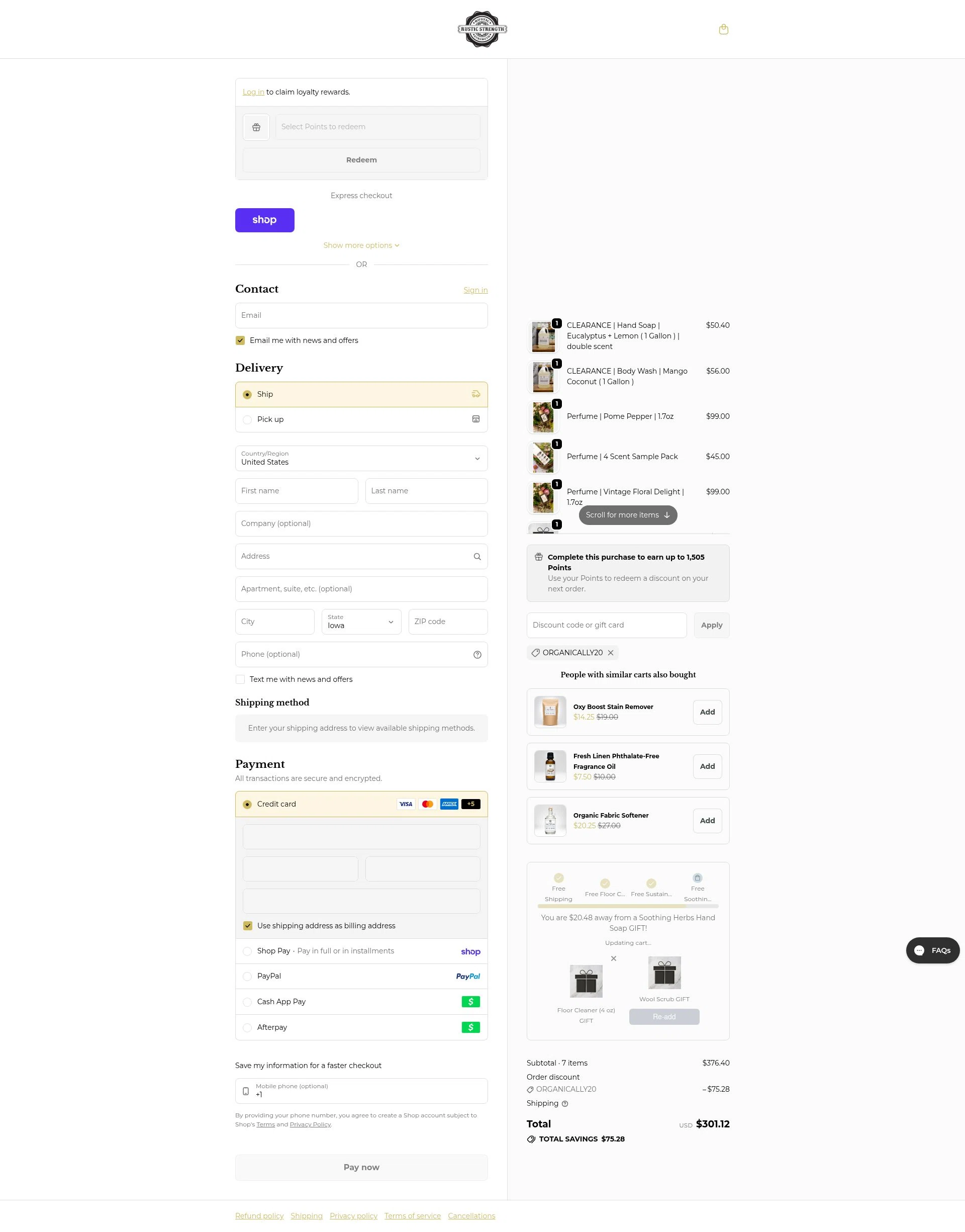 Rustic Strength checkout page showing Rustic Strength discount code box | Screenshot taken by SimplyCodes community member on Jan 30, 2026