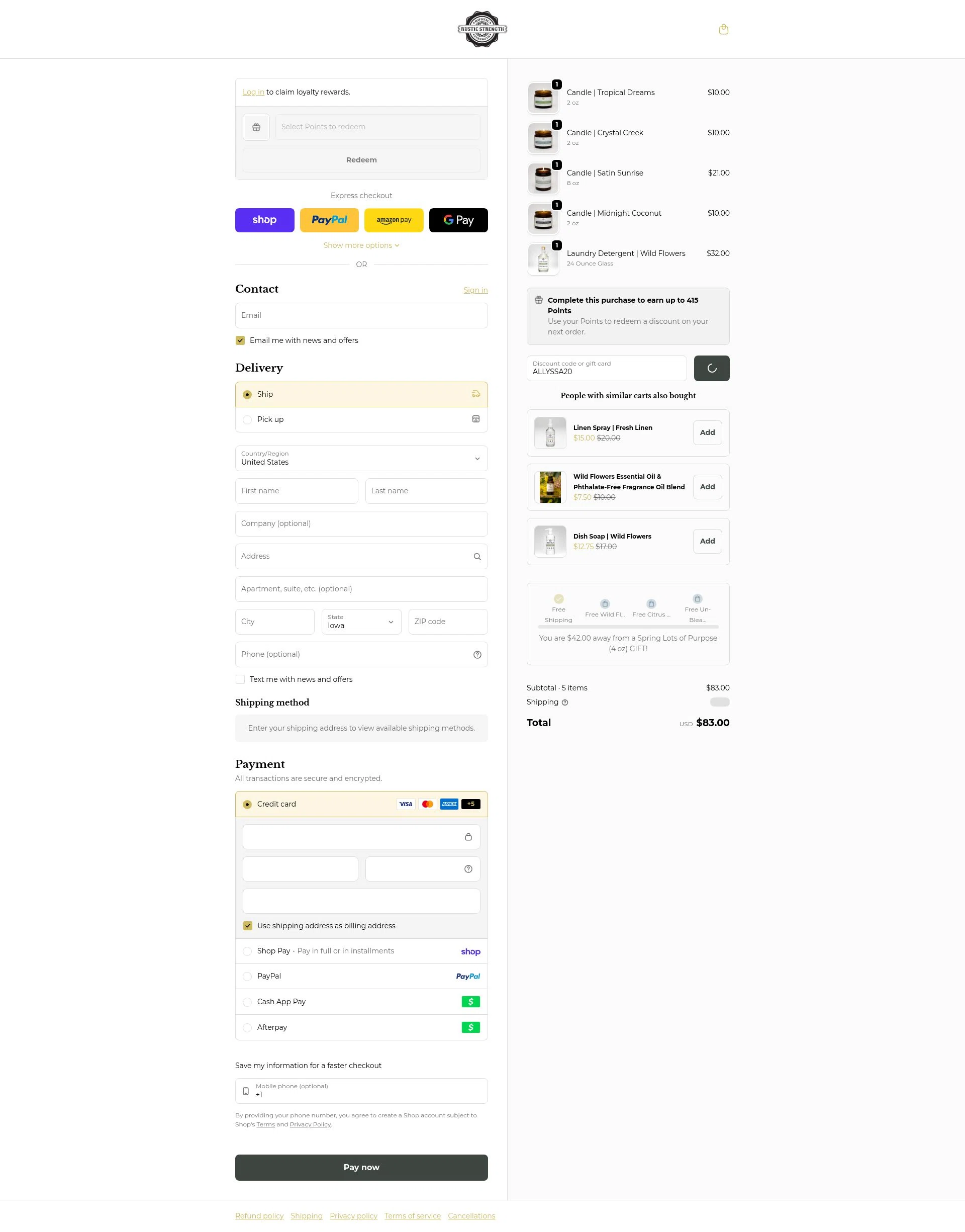 Rustic Strength checkout page showing Rustic Strength discount code box | Screenshot taken by SimplyCodes community member on Feb 4, 2026