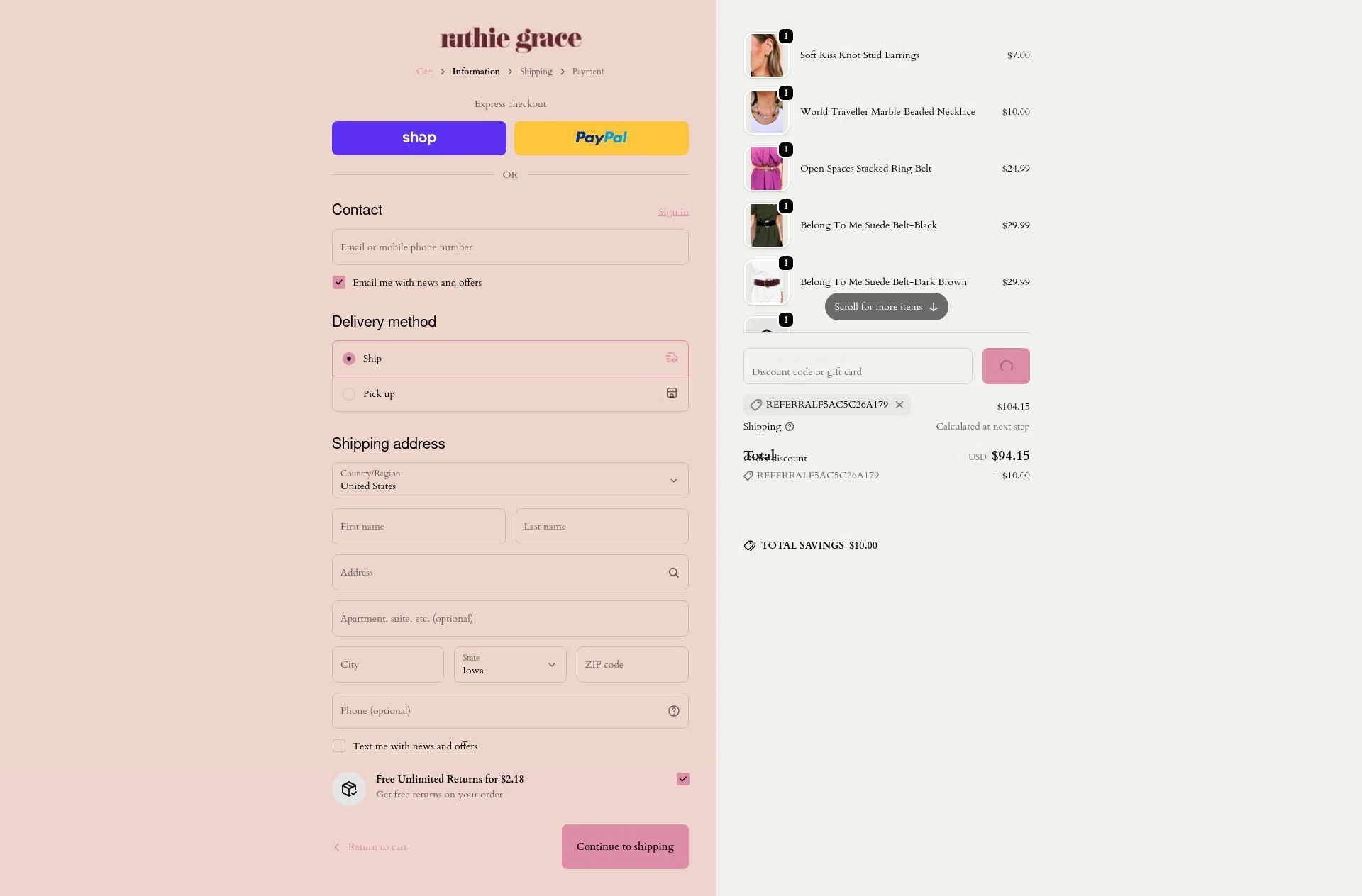 Ruthie Grace checkout page showing Ruthie Grace coupon code box | Screenshot taken by SimplyCodes community member on Feb 11, 2026