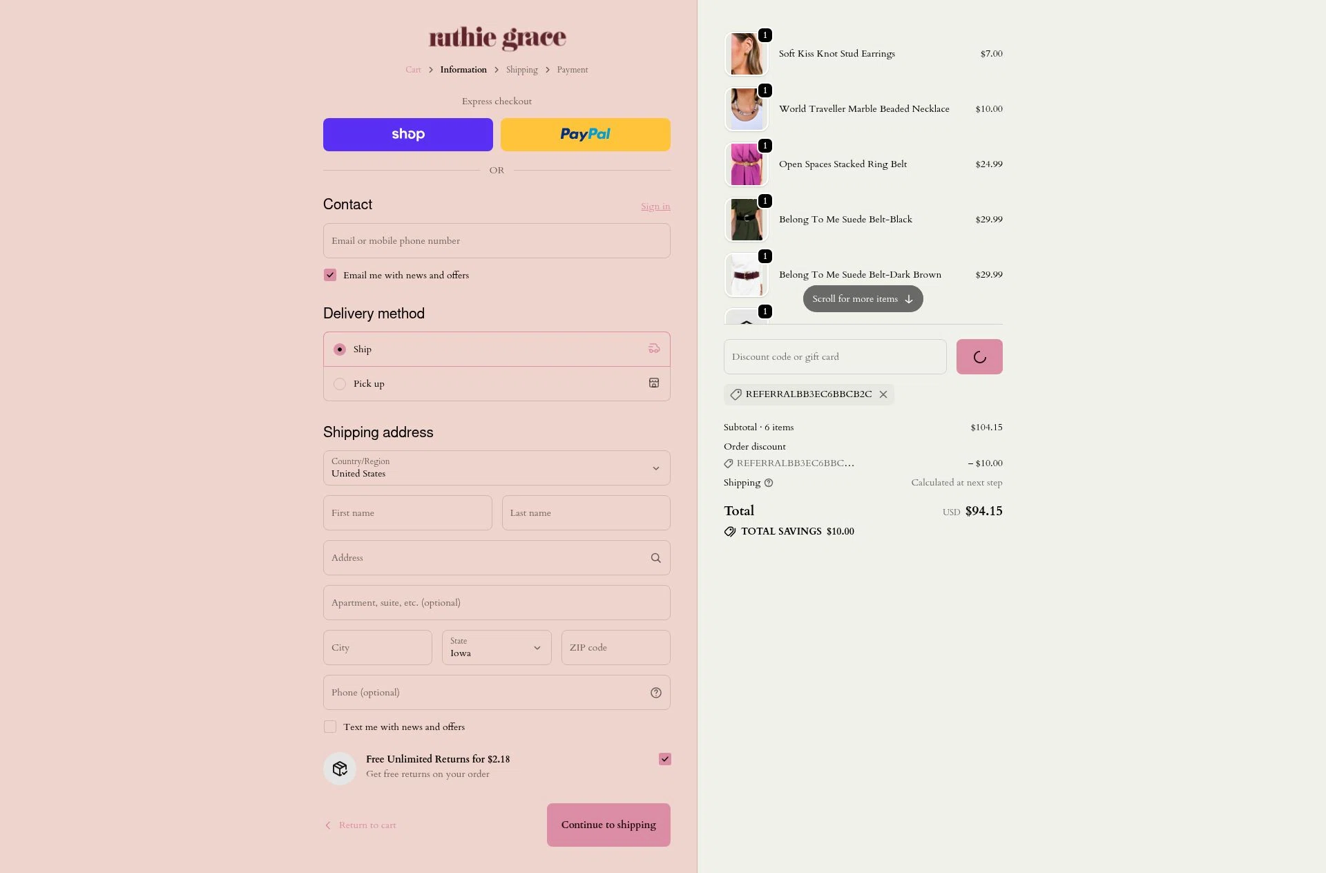 Ruthie Grace checkout page showing Ruthie Grace coupon code box | Screenshot taken by SimplyCodes community member on Feb 11, 2026