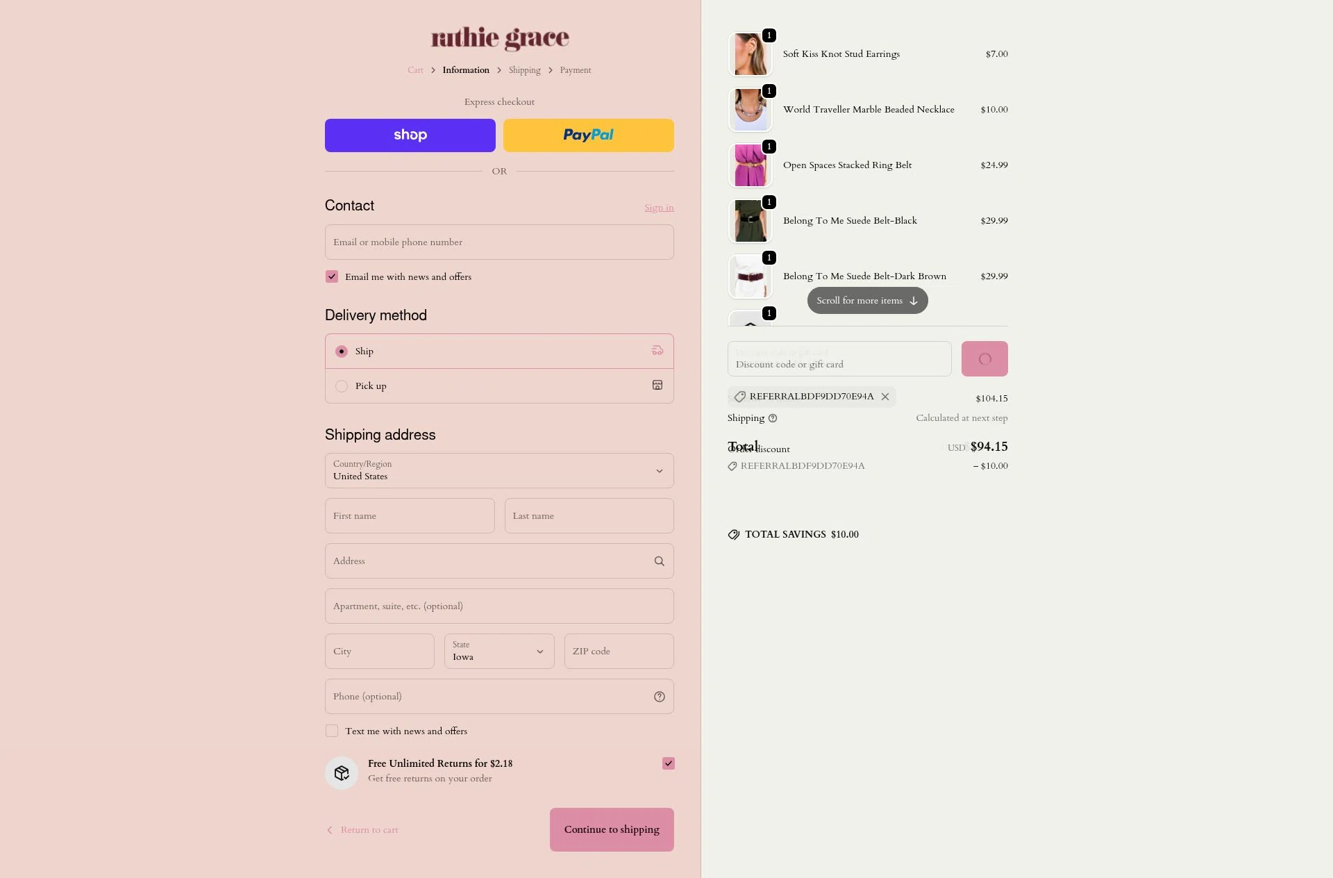 Ruthie Grace checkout page showing Ruthie Grace coupon code box | Screenshot taken by SimplyCodes community member on Feb 11, 2026
