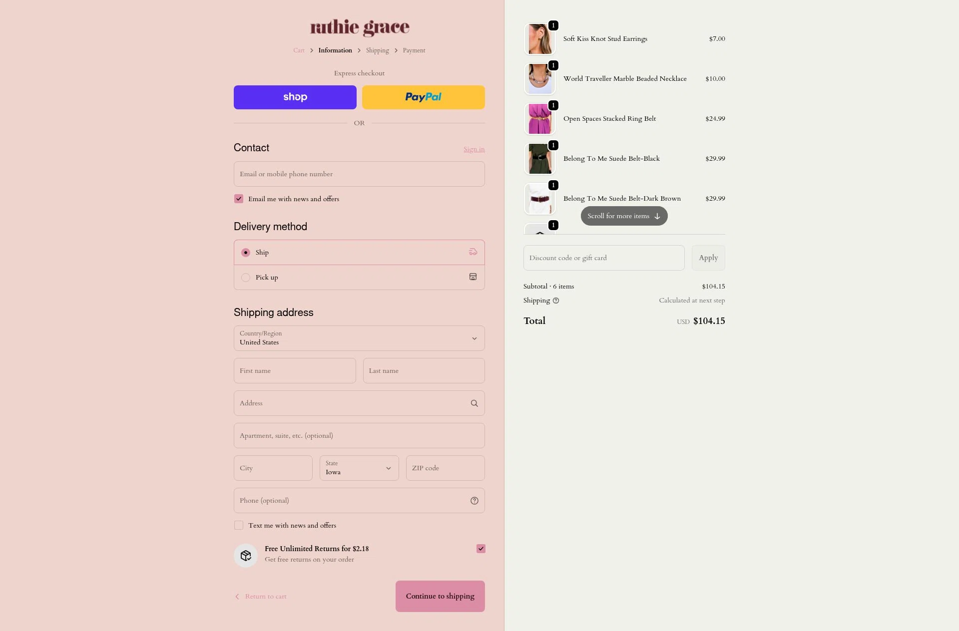Ruthie Grace checkout page showing Ruthie Grace coupon code box | Screenshot taken by SimplyCodes community member on Feb 11, 2026