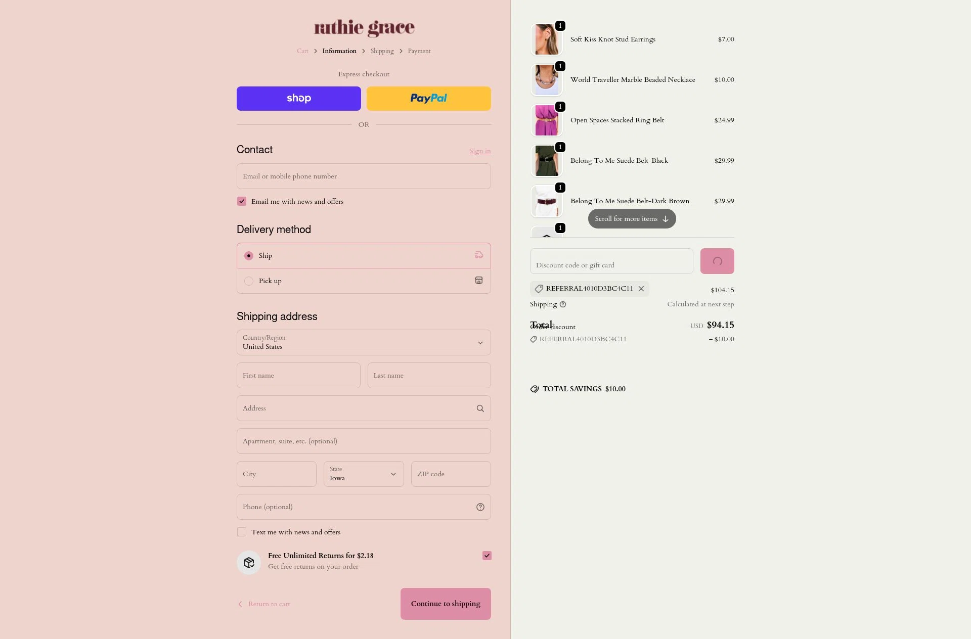 Ruthie Grace checkout page showing Ruthie Grace coupon code box | Screenshot taken by SimplyCodes community member on Feb 11, 2026