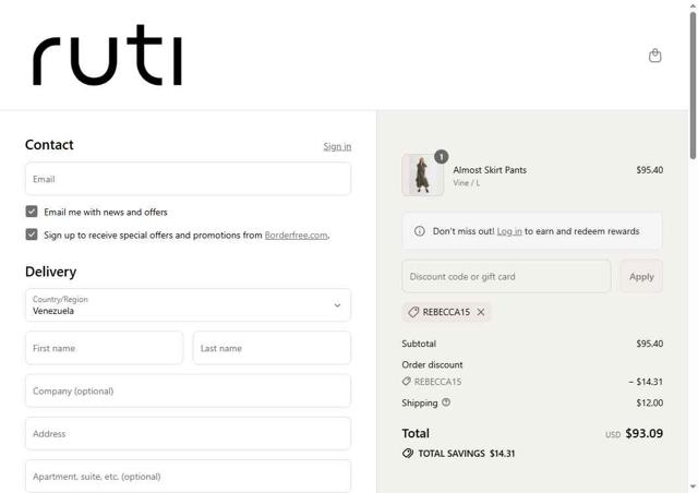 Ruti checkout page showing Ruti discount code box | Screenshot taken by SimplyCodes community member on Sep 13, 2025