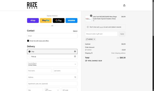 Ruze Shoes checkout page showing Ruze Shoes discount code box | Screenshot taken by SimplyCodes community member on Sep 10, 2025
