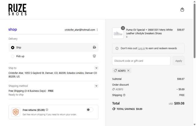 Ruze Shoes checkout page showing Ruze Shoes discount code box | Screenshot taken by SimplyCodes community member on Sep 6, 2025