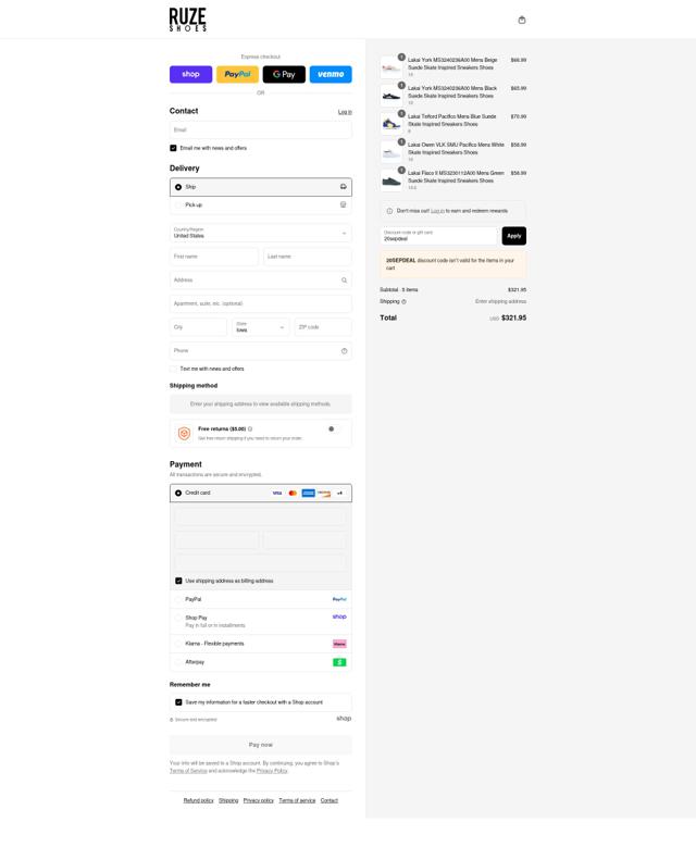 Ruze Shoes checkout page showing Ruze Shoes discount code box | Screenshot taken by SimplyCodes community member on Sep 8, 2025