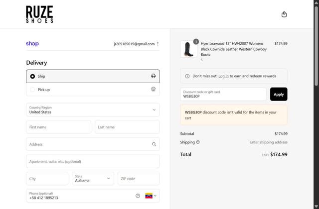 Ruze Shoes checkout page showing Ruze Shoes discount code box | Screenshot taken by SimplyCodes community member on Sep 4, 2025