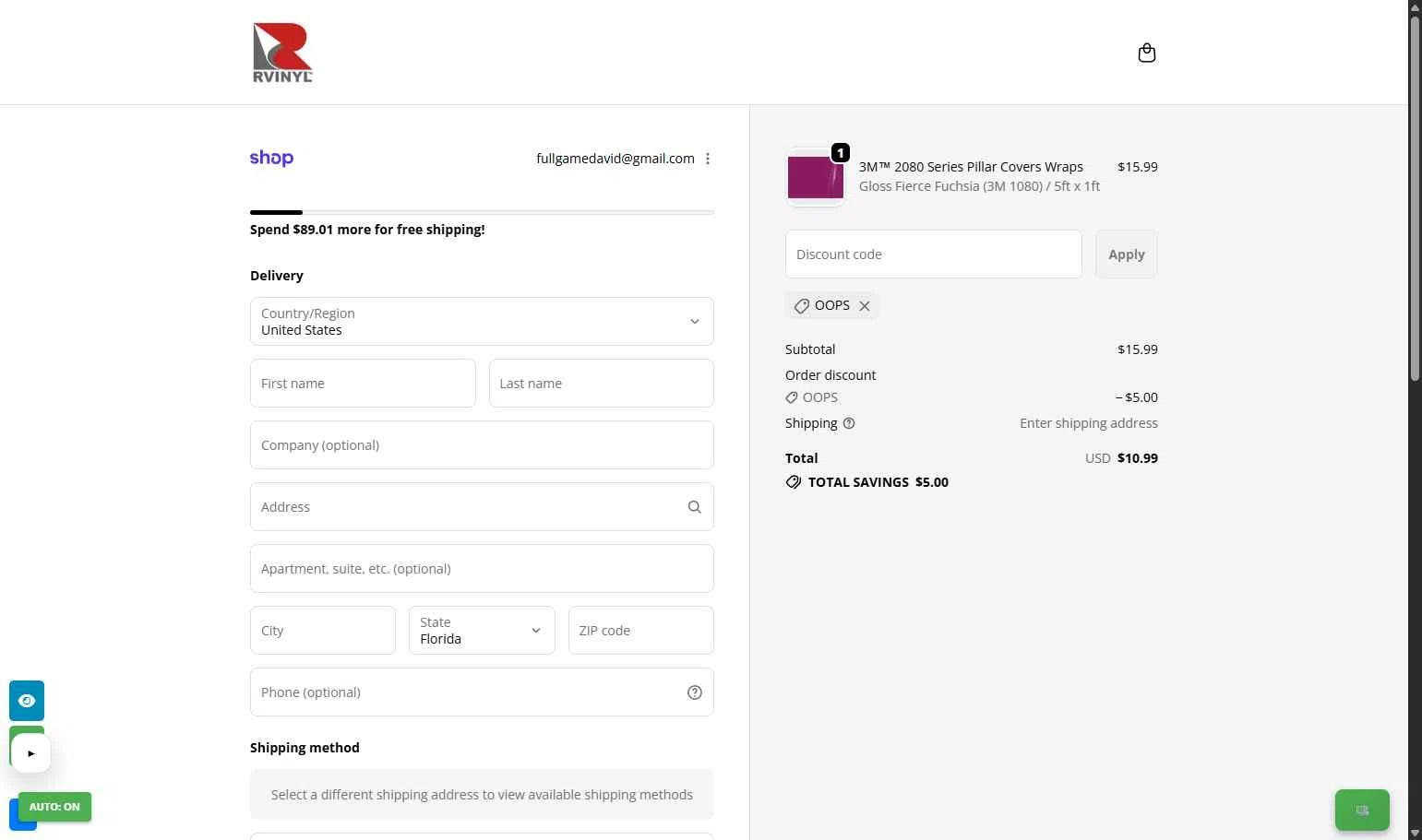 Rvinyl checkout page showing Rvinyl coupon code box | Screenshot taken by SimplyCodes community member on Jan 31, 2026