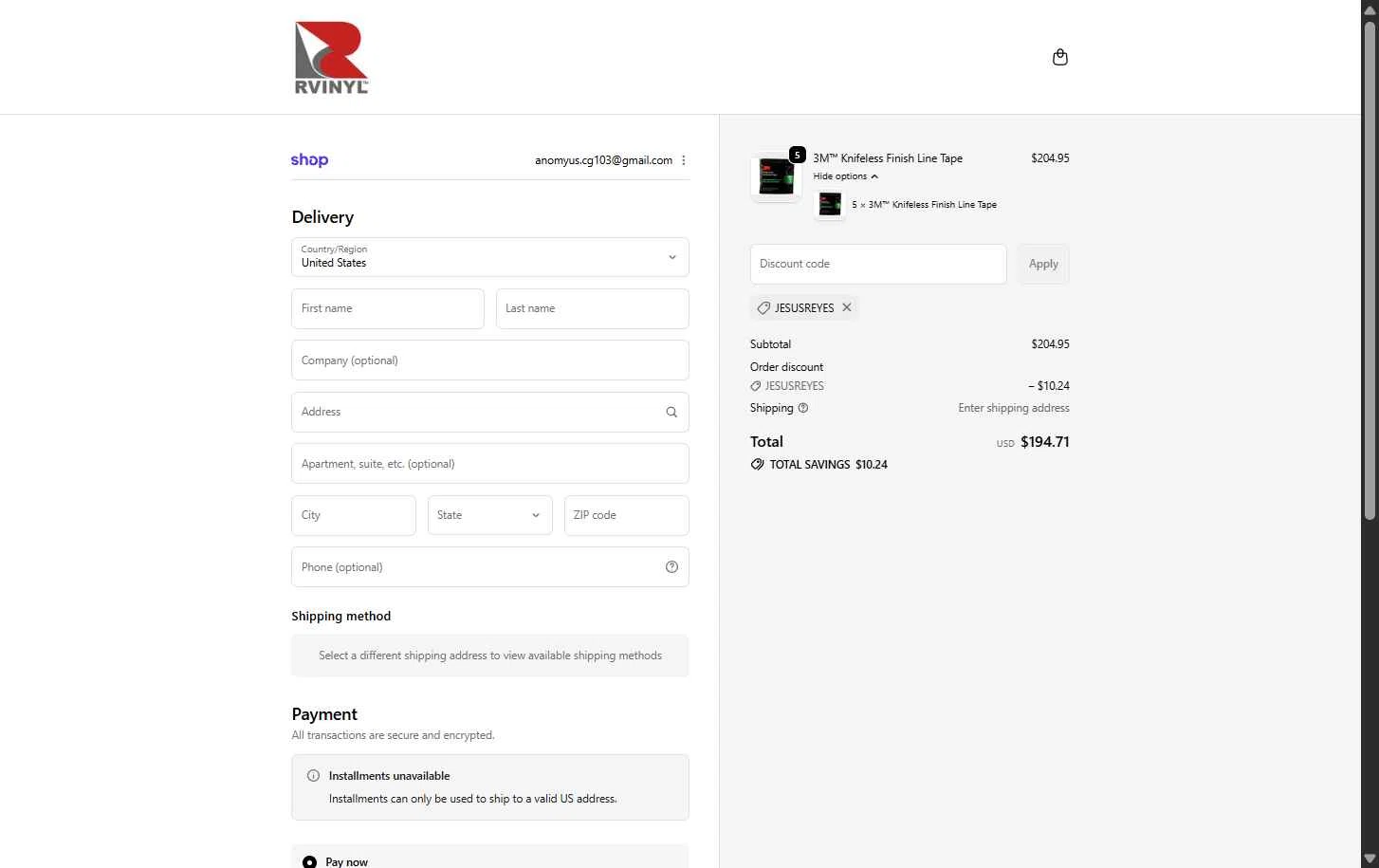Rvinyl checkout page showing Rvinyl coupon code box | Screenshot taken by SimplyCodes community member on Dec 22, 2025