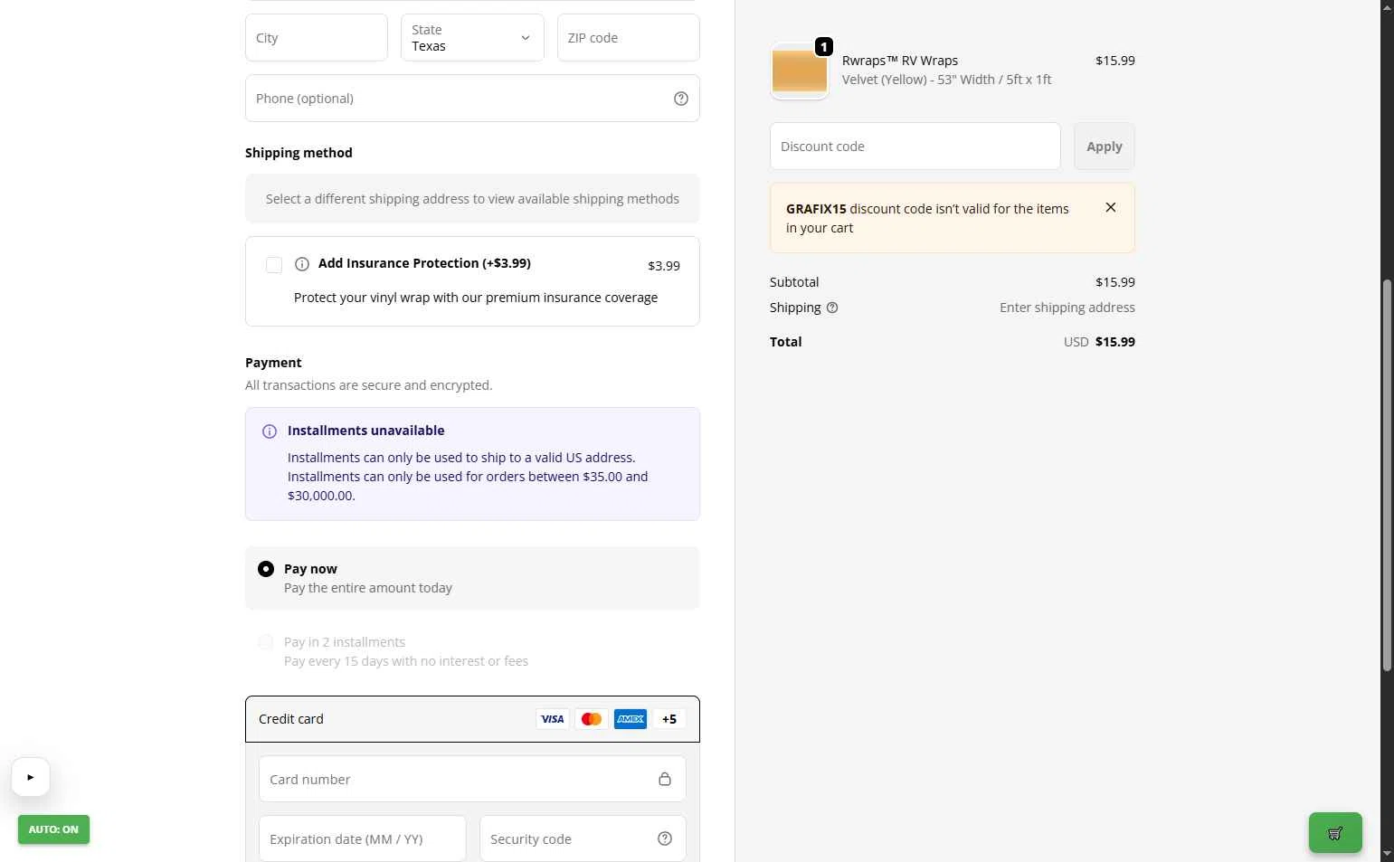 Rvinyl checkout page showing Rvinyl coupon code box | Screenshot taken by SimplyCodes community member on Jan 31, 2026