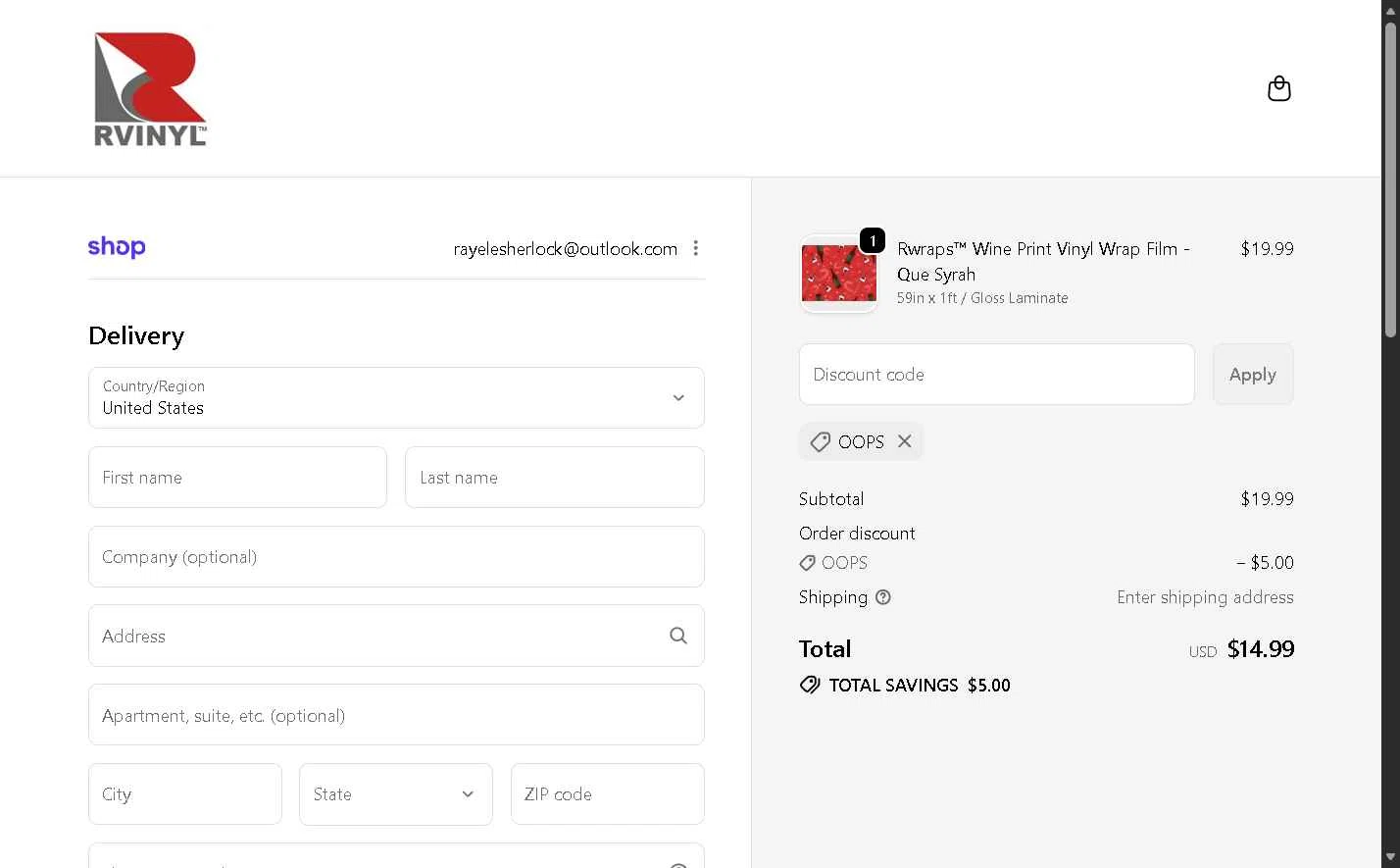 Rvinyl checkout page showing Rvinyl coupon code box | Screenshot taken by SimplyCodes community member on Jan 15, 2026
