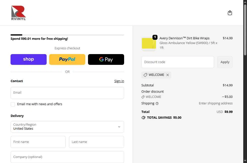 Rvinyl checkout page showing Rvinyl coupon code box | Screenshot taken by SimplyCodes community member on Jan 16, 2026