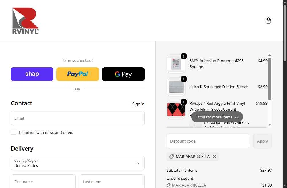 Rvinyl checkout page showing Rvinyl coupon code box | Screenshot taken by SimplyCodes community member on Jan 6, 2026