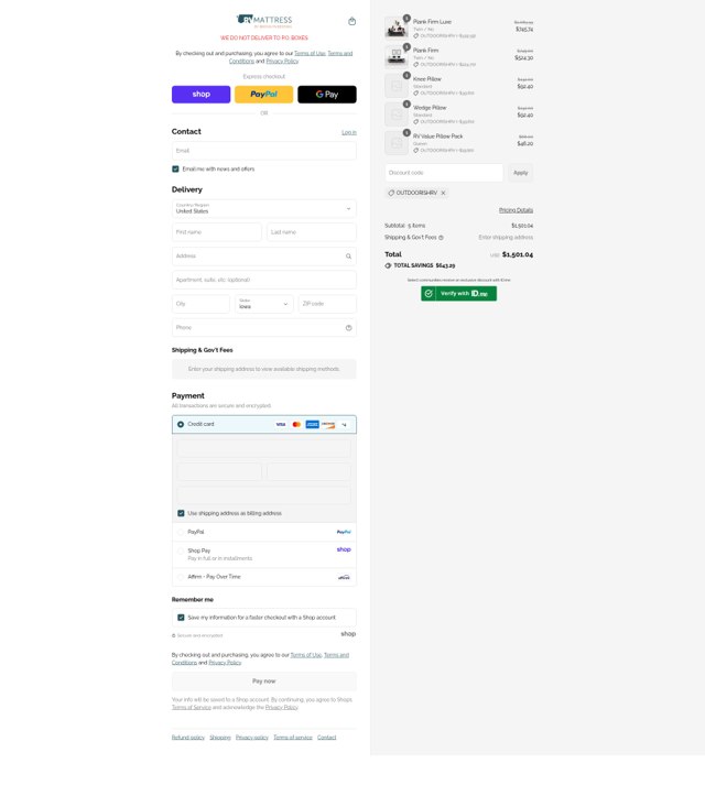 RV Mattress checkout page showing RV Mattress discount code box | Screenshot taken by SimplyCodes community member on Sep 4, 2025