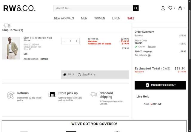 RW & CO checkout page showing RW & CO promo code box | Screenshot taken by SimplyCodes community member on Aug 16, 2025