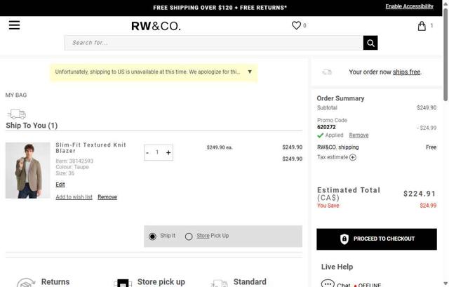 RW & CO checkout page showing RW & CO promo code box | Screenshot taken by SimplyCodes community member on Aug 16, 2025