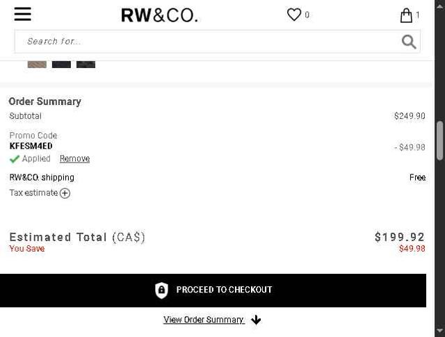 RW & CO checkout page showing RW & CO promo code box | Screenshot taken by SimplyCodes community member on Aug 15, 2025