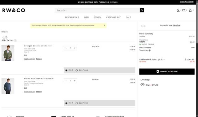 RW & CO checkout page showing RW & CO promo code box | Screenshot taken by SimplyCodes community member on Sep 13, 2025