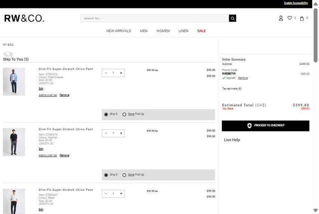 RW & CO checkout page showing RW & CO promo code box | Screenshot taken by SimplyCodes community member on Aug 6, 2025