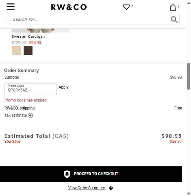 RW & CO checkout page showing RW & CO promo code box | Screenshot taken by SimplyCodes community member on Sep 2, 2025