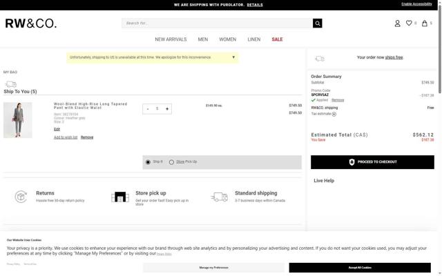 RW & CO checkout page showing RW & CO promo code box | Screenshot taken by SimplyCodes community member on Aug 15, 2025