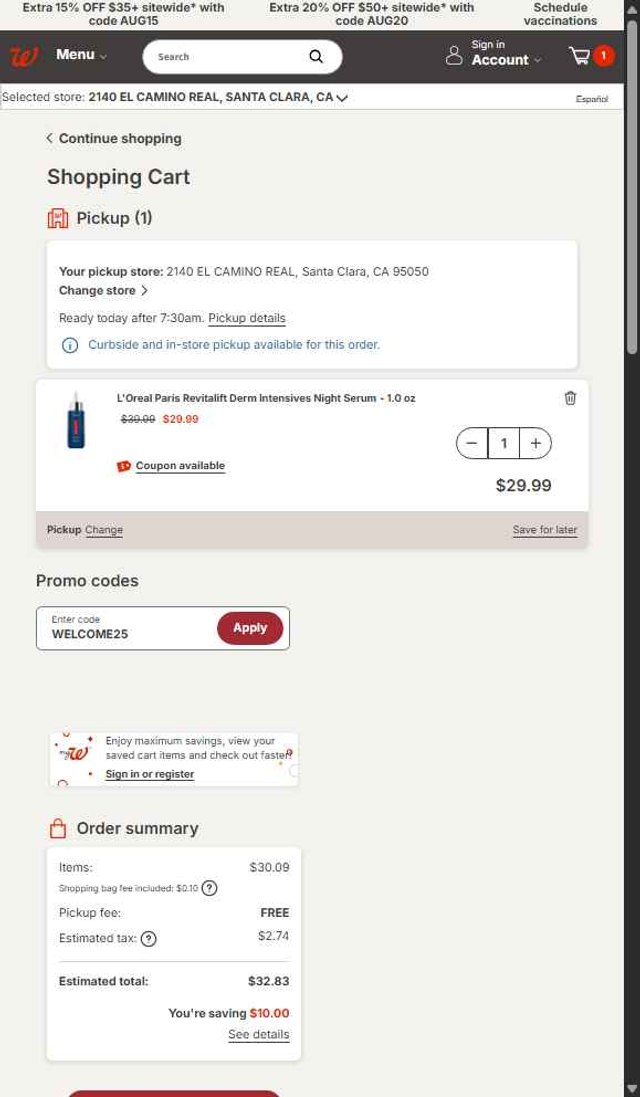Walgreens checkout page showing Walgreens coupon code box | Screenshot taken by SimplyCodes community member on Aug 23, 2025