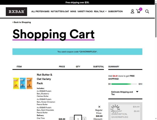 RXBAR checkout page showing RXBAR discount code box | Screenshot taken by SimplyCodes community member on Sep 5, 2025