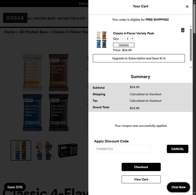 RXBAR checkout page showing RXBAR discount code box | Screenshot taken by SimplyCodes community member on Jul 2, 2025