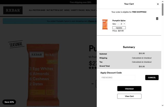 RXBAR checkout page showing RXBAR discount code box | Screenshot taken by SimplyCodes community member on Aug 17, 2025