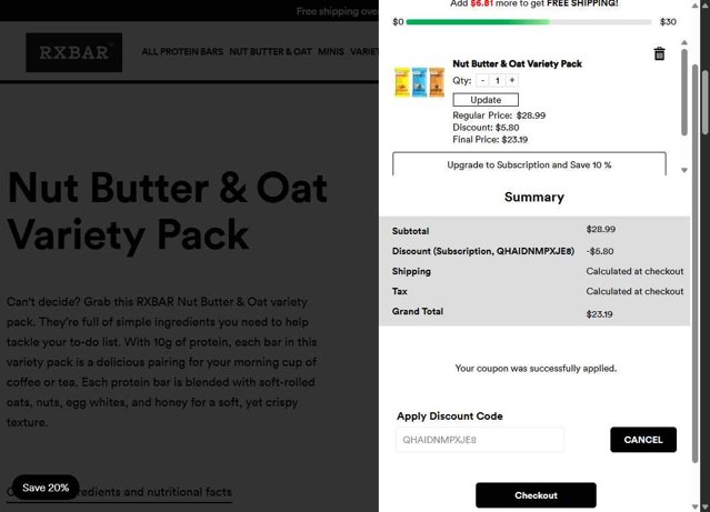 RXBAR checkout page showing RXBAR discount code box | Screenshot taken by SimplyCodes community member on Jul 26, 2025