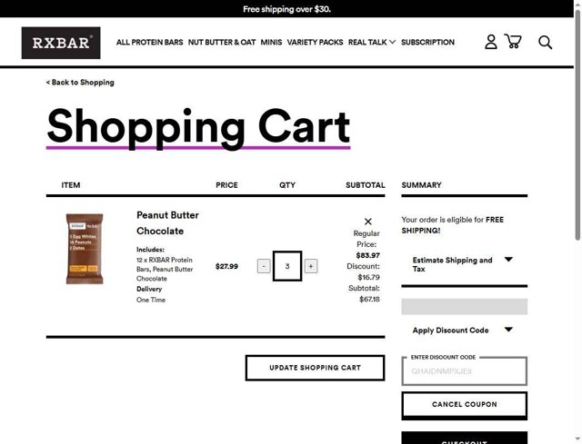 RXBAR checkout page showing RXBAR discount code box | Screenshot taken by SimplyCodes community member on Aug 19, 2025