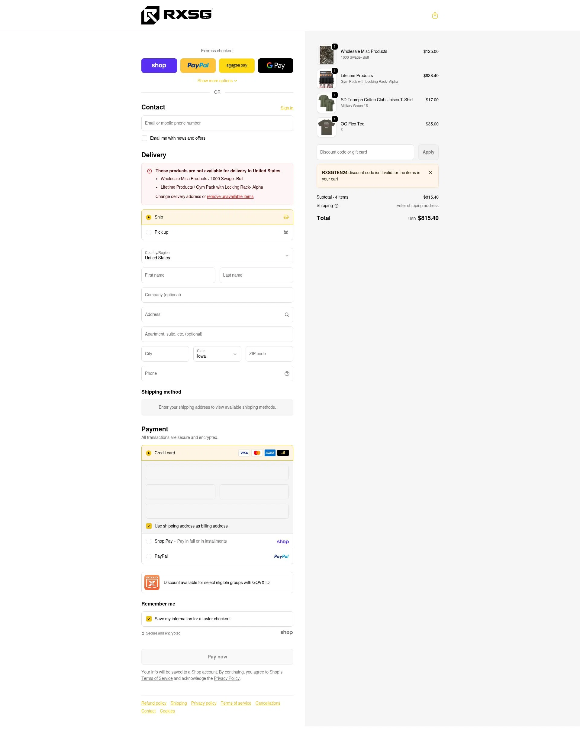 Rx Smart Gear checkout page showing Rx Smart Gear discount code box | Screenshot taken by SimplyCodes community member on Jan 29, 2026