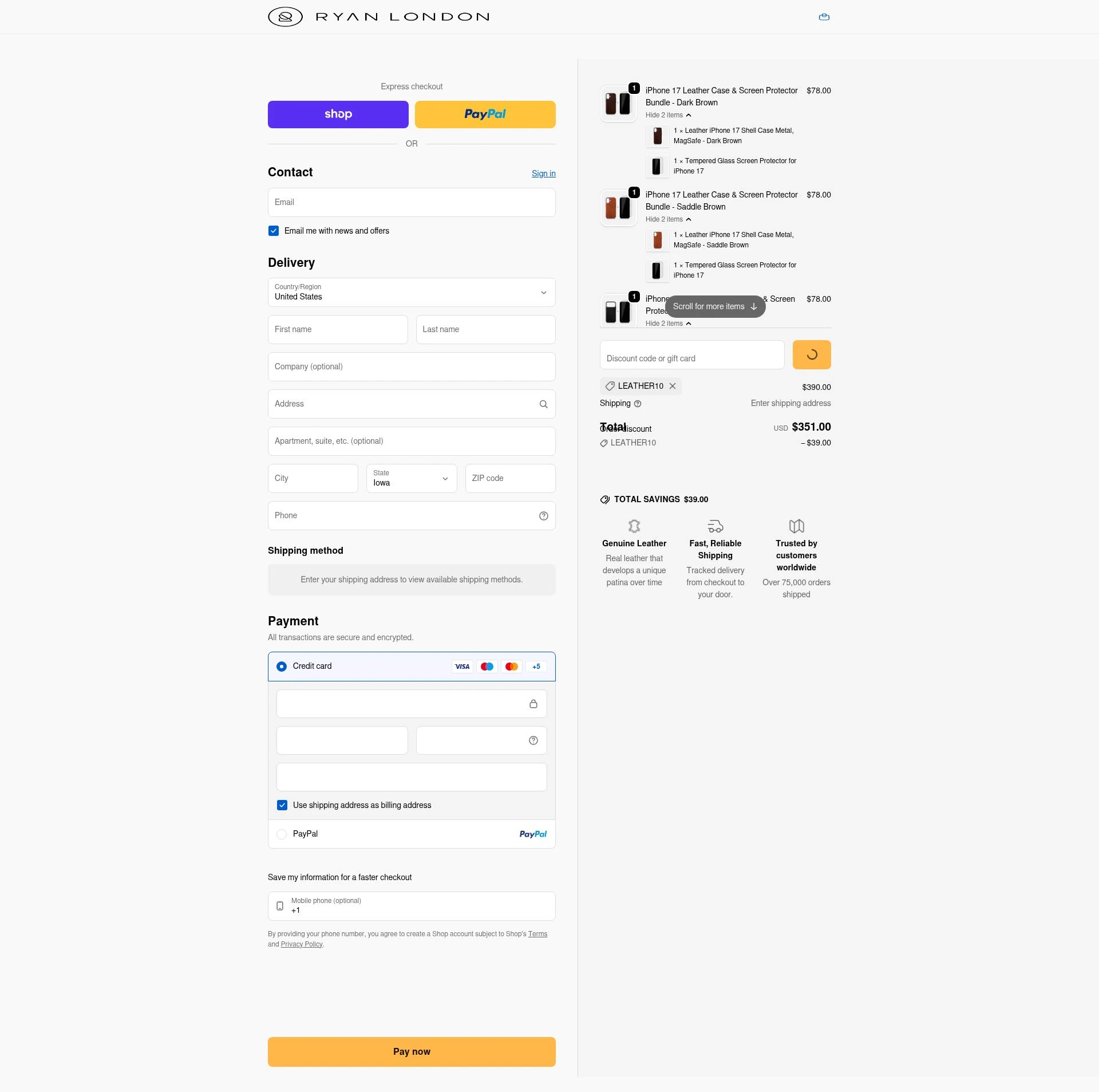 Ryan London checkout page showing Ryan London discount code box | Screenshot taken by SimplyCodes community member on Feb 14, 2026