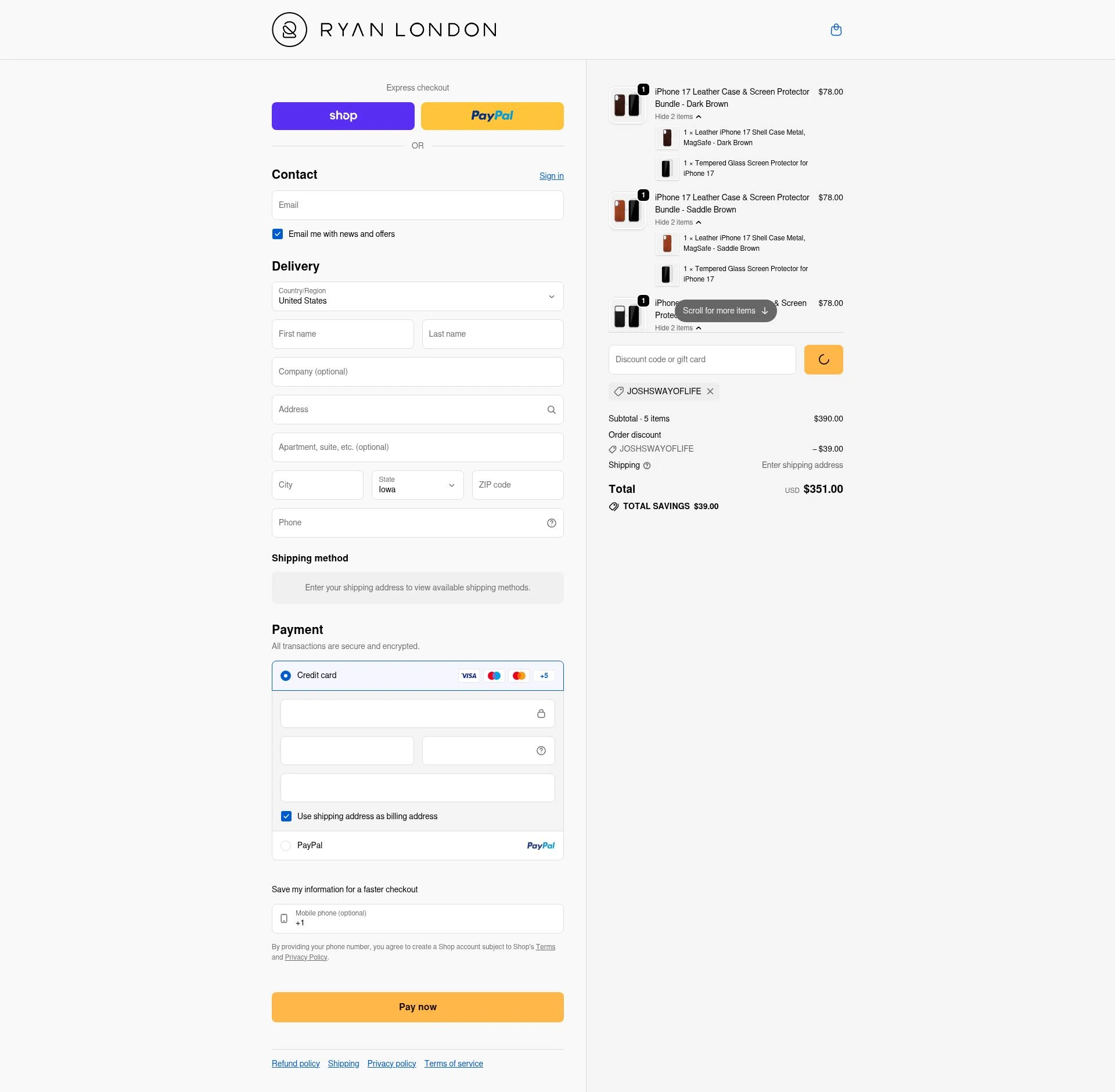 Ryan London checkout page showing Ryan London discount code box | Screenshot taken by SimplyCodes community member on Feb 14, 2026