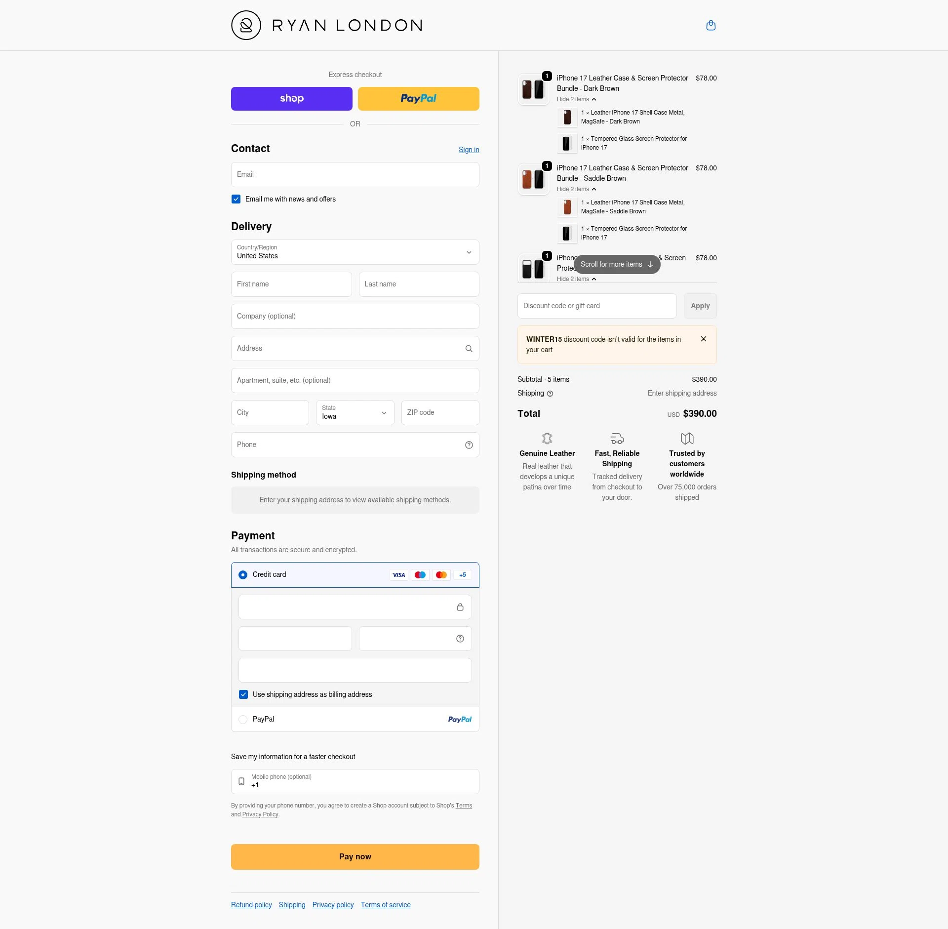 Ryan London checkout page showing Ryan London discount code box | Screenshot taken by SimplyCodes community member on Feb 14, 2026