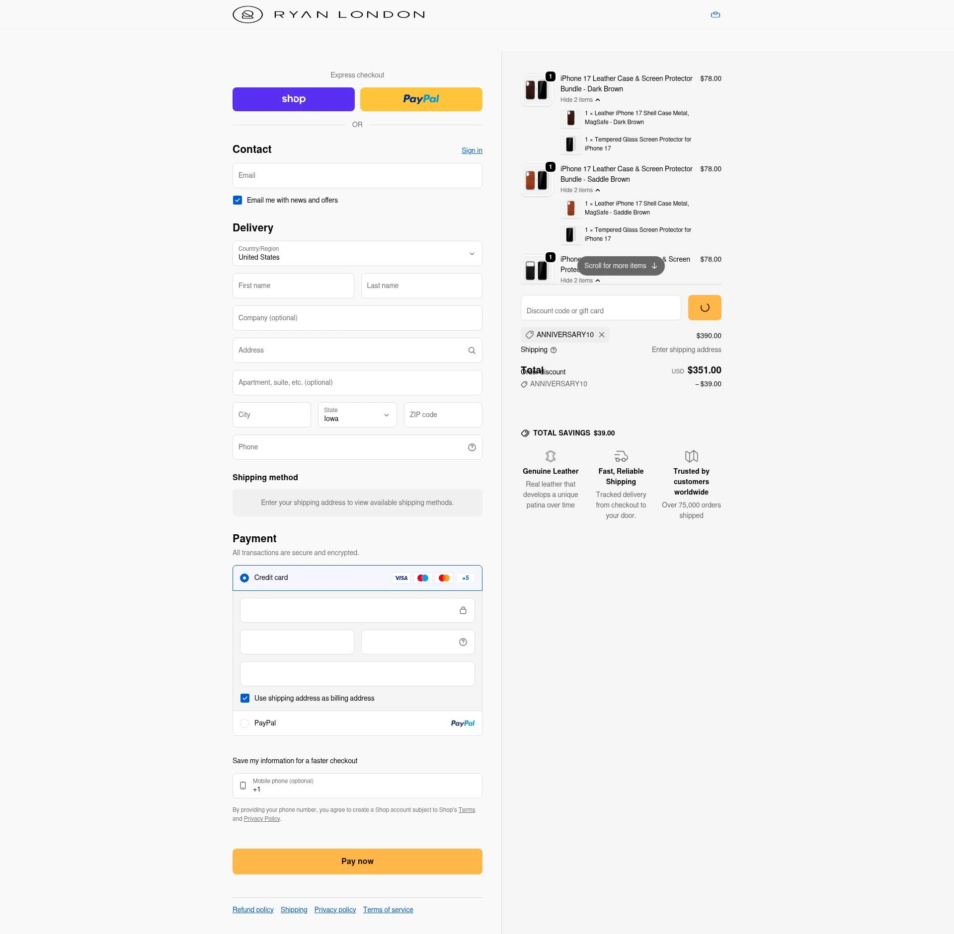 Ryan London checkout page showing Ryan London discount code box | Screenshot taken by SimplyCodes community member on Feb 14, 2026