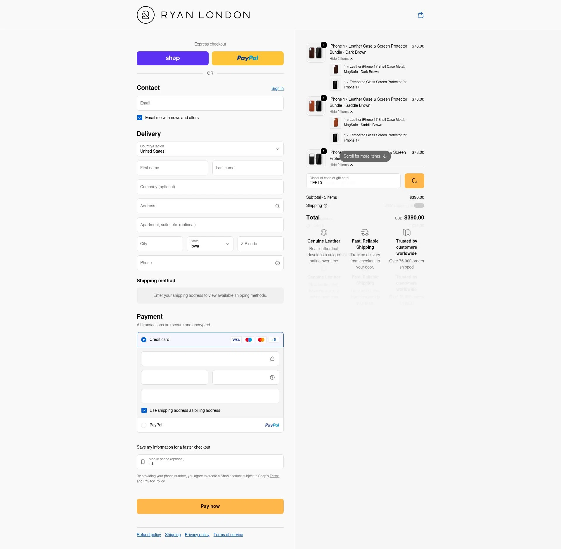 Ryan London checkout page showing Ryan London discount code box | Screenshot taken by SimplyCodes community member on Feb 14, 2026