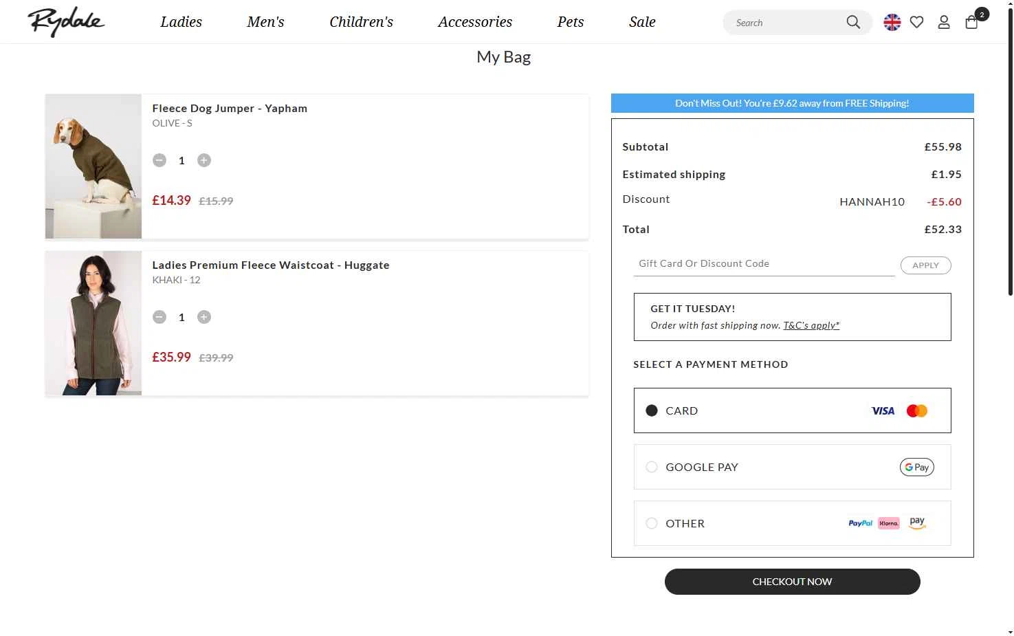 Rydale checkout page showing Rydale discount code box | Screenshot taken by SimplyCodes community member on Feb 20, 2026